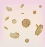 3d Falling Golden Coins Pattern Background Plasticine Cartoon Style. Vector