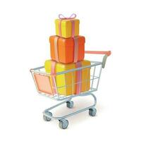 3d Shopping Cart with Heap Present Boxes Plasticine Style. Vector