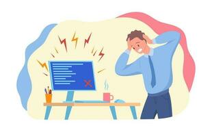 Cartoon Character Man Computer Tech Error in Office Concept. Vector