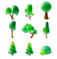 3d diferente verde arboles y arbustos conjunto arcilla de moldear dibujos animados estilo. vector