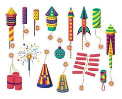 Cartoon Color Different Firecracker or Pyrotechnics Rocket Icon Set. Vector