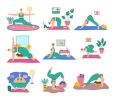 Cartoon Color Character Woman and Home Yoga Exercise Stretch Concept Flat Design Style. Vector illustration