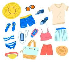 Cartoon Summer Travel Stuff and Beach Clothes Icon Set. Vector