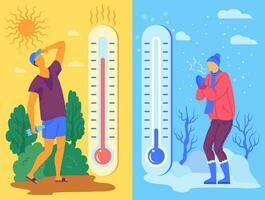 Cartoon Characters People and Hot or Cold Weather Concept. Vector