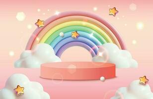 Podium Platform Stage Product and Rainbow with Clouds. Vector