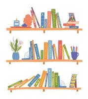 Cartoon Color Bookshelves with Books Set. Vector