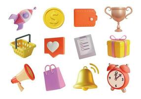 3d Different Shopping Element Icon Set Plasticine Cartoon Style. Vector