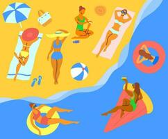 dibujos animados color caracteres mujer en un playa paisaje. vector