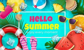 Hello Summer Enjoy Moment Ads Banner Concept Poster Card. Vector