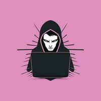 hacker with laptop computer on pink background vector