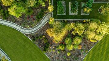 Aerial View of Modern Backyard with Vegetable Garden photo