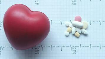 Close up of pills and heart shape on cardio chart paper video