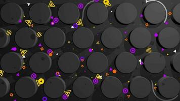 Abstract composition of gray lines, circles, triangles and yellow, orange and purple squares moving between gray circles. Loop sequence. 3d Animation video