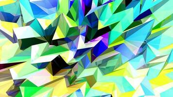 Abstract texture of reflective triangles deforming with the appearance of crystals with blue, green and yellow colors. Loop sequence. 3D Animation video