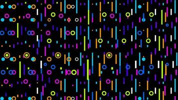 Texture of green, blue, orange and magenta lines and circles moving from top to bottom on a black background. Loop sequence. 3d Animation video