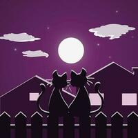 Cats on the fence, against the backdrop of the full moon vector