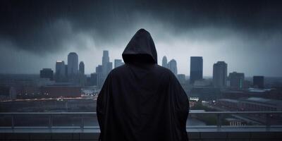 Hooded figure on rainy city photo