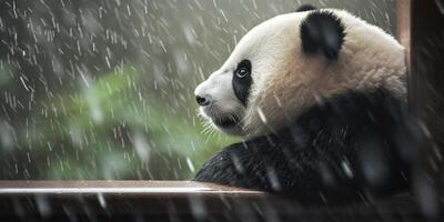 Panda sits in a rain photo