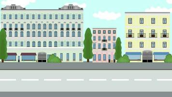 Animation, Cartoon, Video ,Filmaufnahme, Bewegung. Stadt Leben. das Aussehen von Straßen, Häuser und Bäume und das Bewegung von Autos auf das Straße. Urbanismus