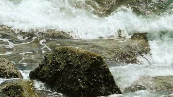 Waves break on dark rocks near beach. Sea waves on the dangerous stones. video
