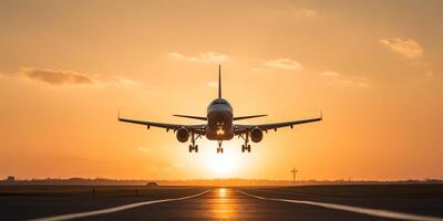 Plane on a runway with sky in the background photo