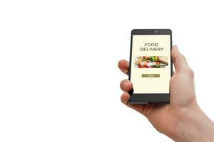 Hand holding mobile with Order food with white background, Order food online business concept. photo