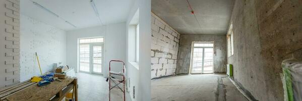 Empty room before repair. Gray walls unfinished photo
