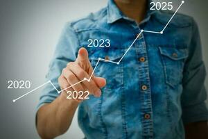 Man's hand pointing graph of success in 2023 year. Growing business concept photo