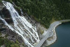 Norway Vestland Furebergfossen Waterfall Aerial View photo
