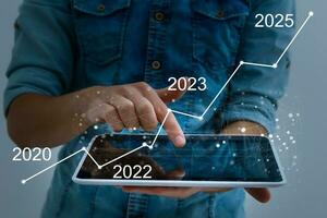 Man's hand pointing graph of success in 2023 year. Growing business concept photo