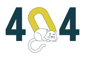 dormido blanco gato error 404 destello mensaje. inclinado cero número. perezoso gato acostado abajo. vacío estado ui diseño. página no encontró surgir dibujos animados imagen. vector plano ilustración concepto en blanco antecedentes