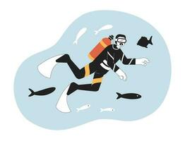 Scuba diving concept hero image. Deep-sea diver swimming with fishes 2D cartoon outline character on white background. Snorkeling isolated black and white illustration. Vector art for web design ui