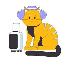 Cute cat traveler flat line vector spot illustration. Tabby cat wearing hat with suitcase 2D cartoon outline character on white for web UI design. Funny animal editable isolated colorful hero image