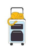 Cat sleeping on suitcase flat line vector spot illustration. Kitten lying on luggage top 2D cartoon outline object on white for web UI design. Summer vacation editable isolated colorful hero image