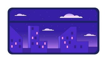 Train window with city building night view flat vector cartoon icon. Skyscrapers. Editorial, magazine spot illustration. Colorful object isolated on white. Editable 2D simple drawing, graphic design