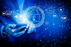 Data protection privacy concept. GDPR. EU. Cyber security network. Business man protecting his data personal information. Padlock icon and internet technology networking connection on virtual screen. photo