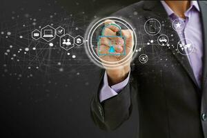 Cyber security network. Padlock icon and internet technology networking. Businessman protecting data personal information on tablet and virtual interface. Data protection privacy concept. GDPR. EU. photo