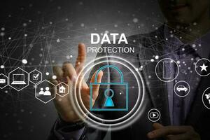 Data protection privacy concept. GDPR. EU. Cyber security network. Business man protecting his data personal information. Padlock icon and internet technology networking connection on virtual screen. photo