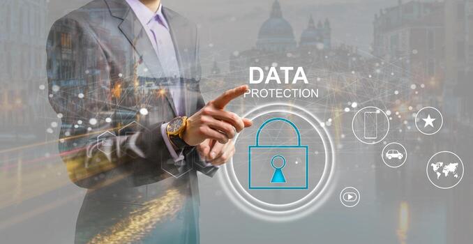 business, technology and internet concept - businessman pressing data security button on virtual screens photo