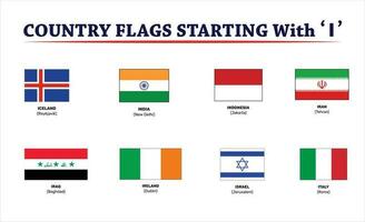 Country Flags with the Letter I. Vector Set of Flat Shield Icons Representing Global Nations. Comprehensive Collection of Country Flags and Continent Icons. Royalty-Free Vector Illustration