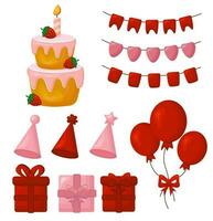 conjunto de cumpleaños fiesta decoración elementos. pastel con fresas y vela, bandera guirnaldas, cumpleaños tapas, regalo cajas, globos contento cumpleaños decoraciones aislado vector ilustración.