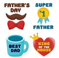 Father's day flat sticker, badge, icon, pin collection. Mustache with bow tie. Mug best dad. Super medal number one father. King of the house. vector