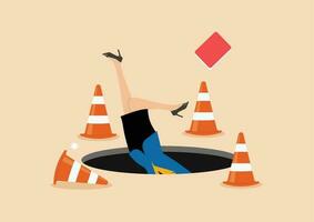 Terrified business woman fall down into the hole vector