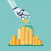 Robot hand and saving coins in glass jar vector