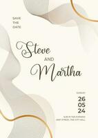 Modern wedding invitation template on white background with abstract wavy lines and gold color vector