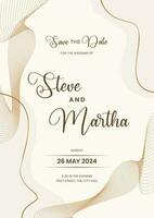 Modern wedding invitation template on white background with abstract wavy lines and gold color vector