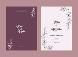 Minimalist double side wedding invitation template with hand drawn leaves and flowers decoration simple style vector