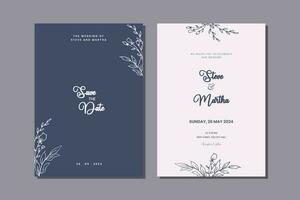 Minimalist double side wedding invitation template with hand drawn leaves and flowers decoration simple style vector