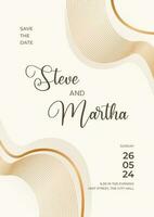 Modern wedding invitation template on white background with abstract wavy lines and gold color vector