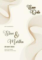 Modern wedding invitation template on white background with abstract wavy lines and gold color vector